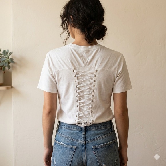 Maje Tops - Maje Top Womens 1 Small Ecru Lace Up Corset Back Short Sleeve Tee Parisian Chic